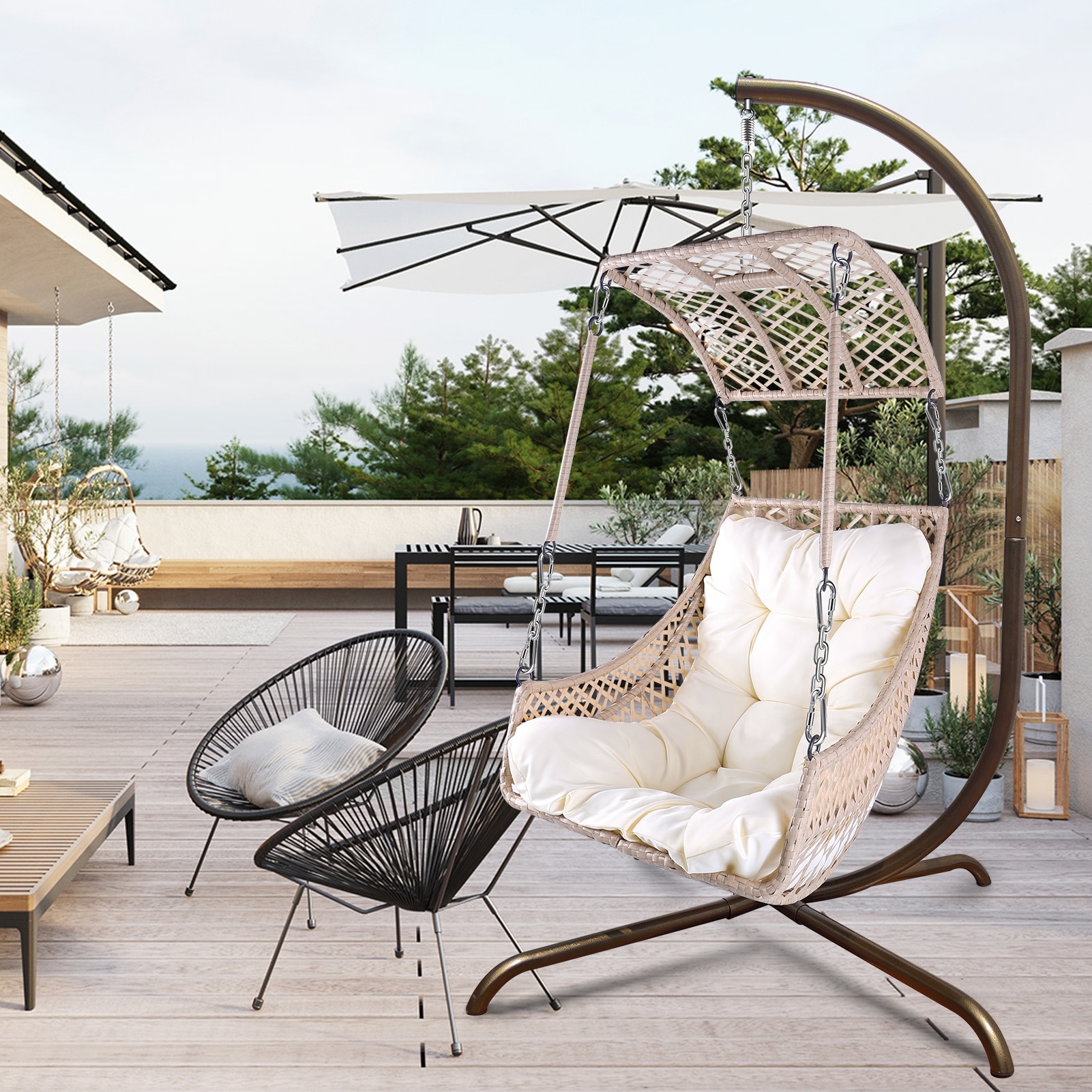 Swing Egg Chair Hanging Chair Rattan Bassinet Chair with Cup Holder