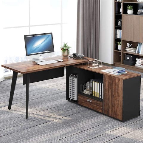 L Shaped Desk Executive Office Desk with File Cabinet - Black/brown