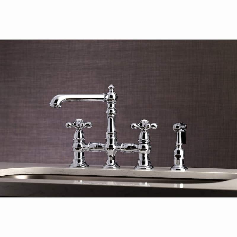 English Country Bridge Kitchen Faucet with Sprayer in Matte Black