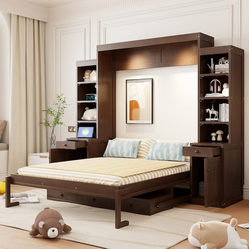 Foldable Murphy Bed Queen Size Wooden Wall Bed Framen with Built-in Desk, Top Lights, Open Shelves, Storage Drawers and Cabinets