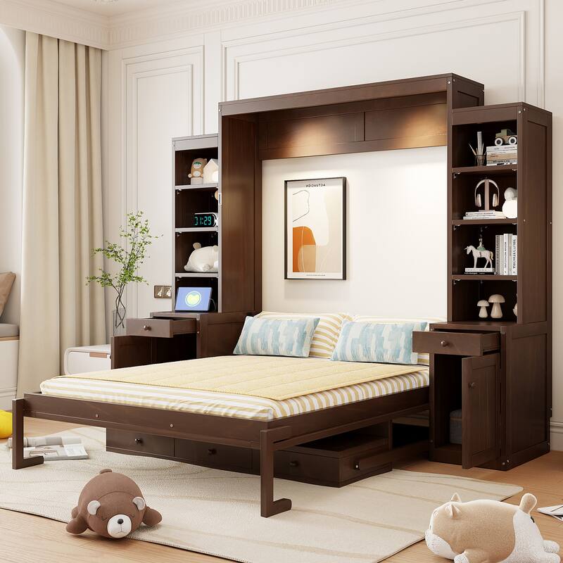 Roomfitters Queen Size Murphy Wall Bed with Desk and Storage Cabinets, Space Saving - Dark Brown
