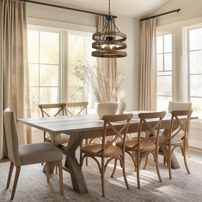 Farmhouse 5-Light Wood Drum Rustic Chandelier for Kitchen Island Dining Room - D 18" x H 25"