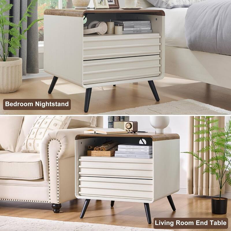 Mid Century Modern Nightstand with charging station, Wood End Table
