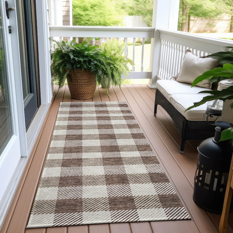 Machine Washable Indoor/ Outdoor Chantille Plaid Stripe Rug - Brown - 2'3" x 7'6"