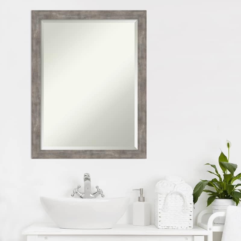 Beveled Wood Bathroom Wall Mirror - Marred Pewter Frame