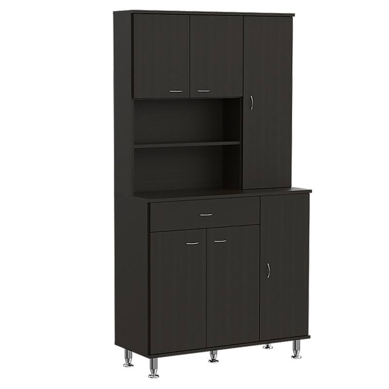 Kitchen Pantry Cabinet, Two Open Shelves, One Drawer, Multiple Cabinets