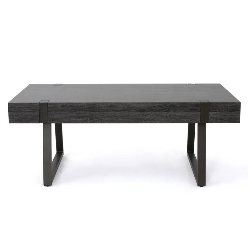 Roomfitters Industrial Coffee Table, Modern Wood Living Room Center Cocktail Table with Metal Sled Legs and Accents, Black