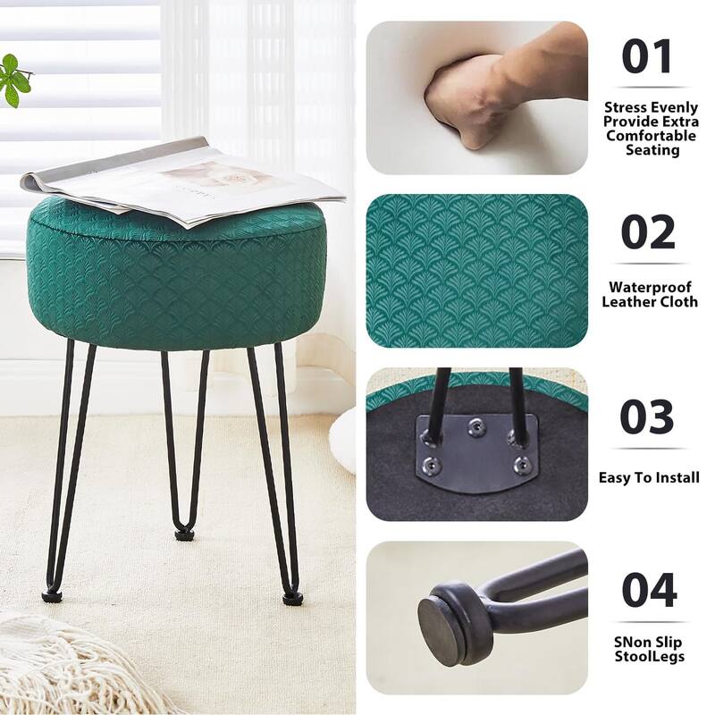 Modern Velvet Ottoman Footstool with Cushioned Seat and Metal Frame for Bedroom or Living Room - 13”L x 13”W x 17”H