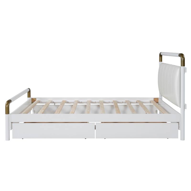 Queen Size White Wooden Storage Platform Bed with Trundle and Drawers