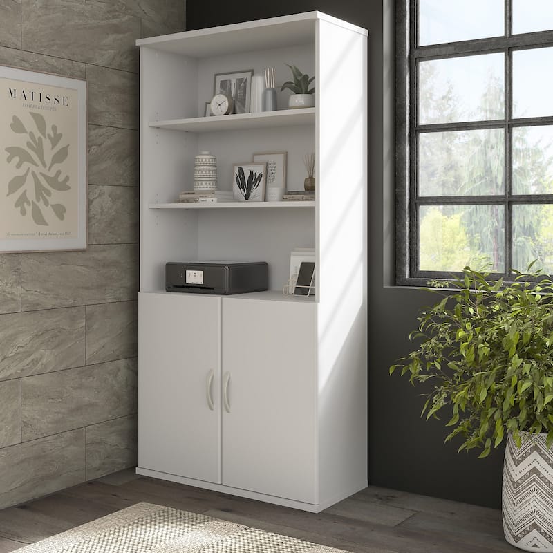 Hybrid Tall 5 Shelf Bookcase with Doors by Bush Business Furniture - White