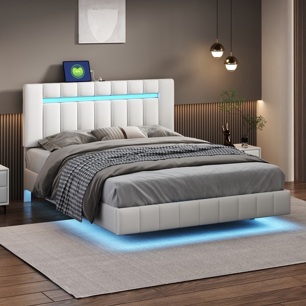 Queen Size Floating Bed Bed Frame with LED Lights and USB