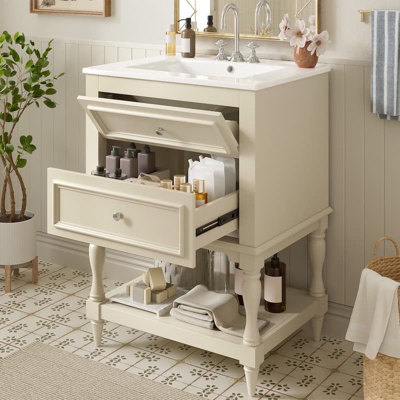 Retro Small Bathroom Vanity with Open Shelf, Ceramic Sink Cabinet