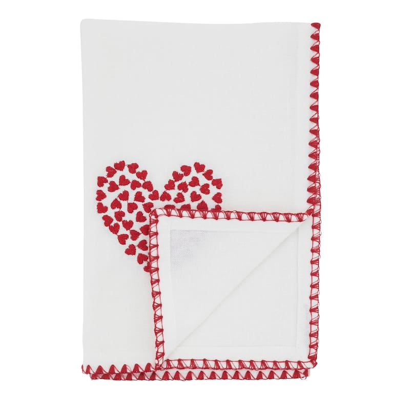 Embroidered Heart Scatter Placemats & Napkins (Set of 8) - Red Mini Heart Table Linens with Scalloped Trim, 13"x19" / 18"x18"