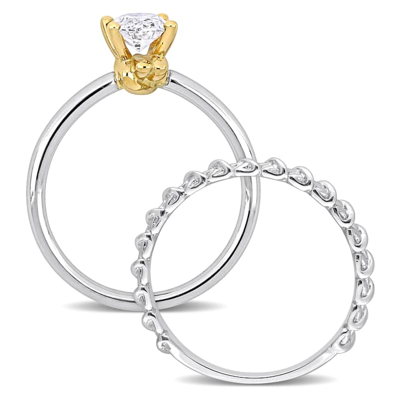 Miadora 1ct TDW Oval Diamond Solitaire Bridal Ring Set with Textured Wedding Band 14k Two-Tone Gold