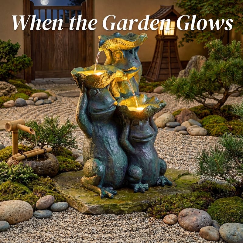 Zen 3-Tier Frog Fountain with Water Bowls and LED Lights for Outdoor Use