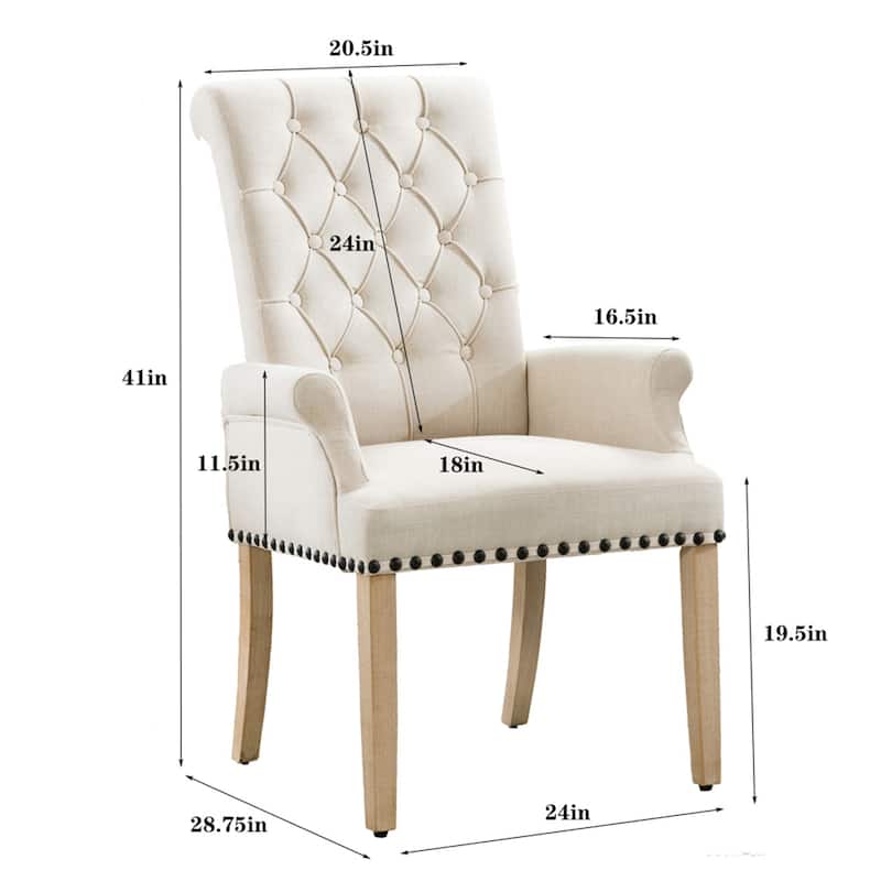 Fabric Upholstered High Back Arm Dining Chair with Oak Wood Legs