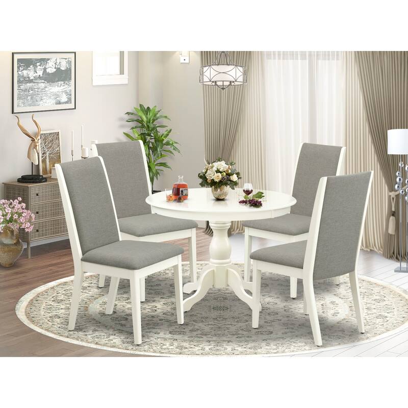 East West Furniture 5 Piece Dining Room Table Set- a Round Kitchen Table and 4 Linen Fabric Parsons Chairs, (Finish Options) - HBLA5-LWH-06