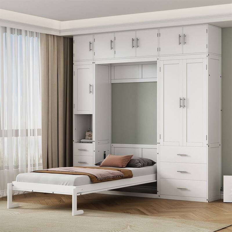 Twin/Full Size Murphy Bed with Wardrobe, Storage Drawers and Lockers, Solid Wood Wall Bed Cabinet Bed w/ Open Shelves & Cabinets