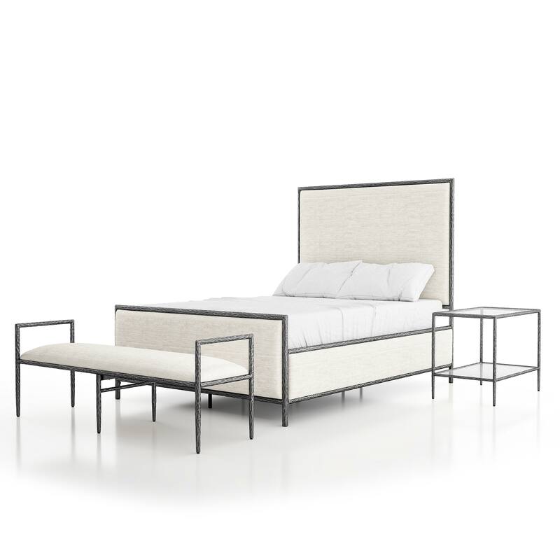 247 Shop At Home Lalia Modern 3-Piece Upholstered Hammered Metal Panel Bedroom Set with Nightstand and Bench - Matte Grey - Full