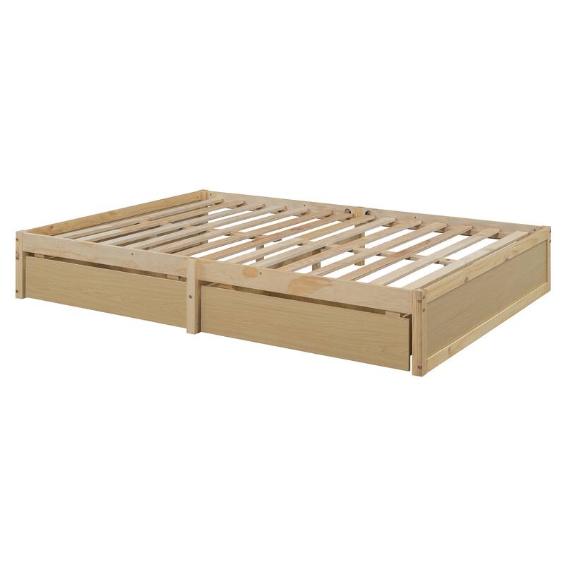 Pine Wood Daybed Floor Bed Frame with Fence Guardrails and 2 Drawers, Converts into Two Individual Beds, No Box Spring Needed