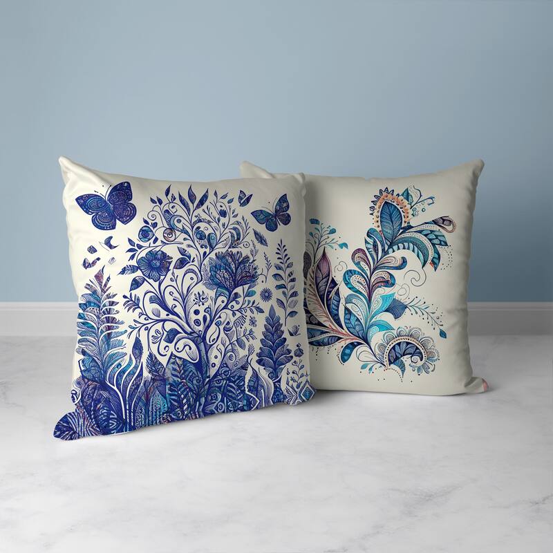 Winged Gardenia Faux Suede Reversible Throw Pillow Blue and Ivory