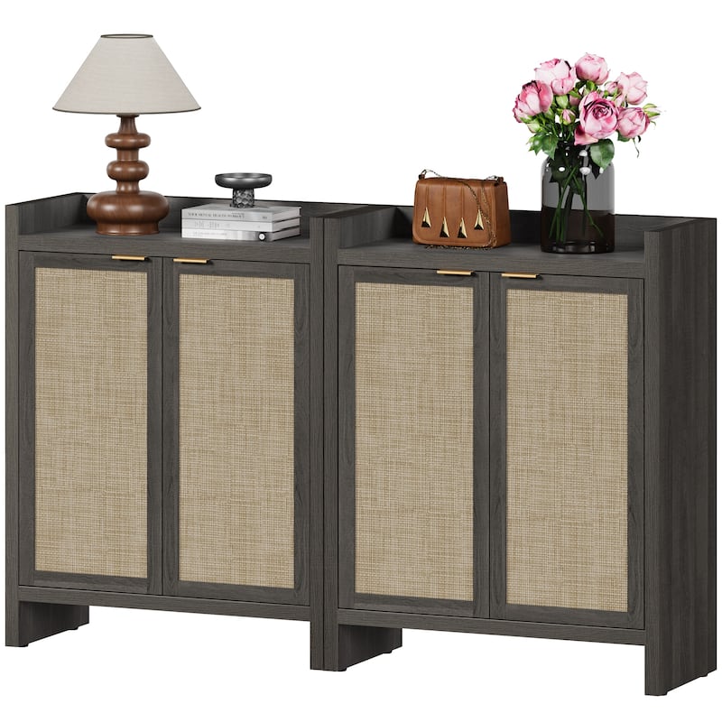 Set of 2 Modern Natural Rattan Shoe Cabinets - 41 x 32.4 x 14.8 - Black