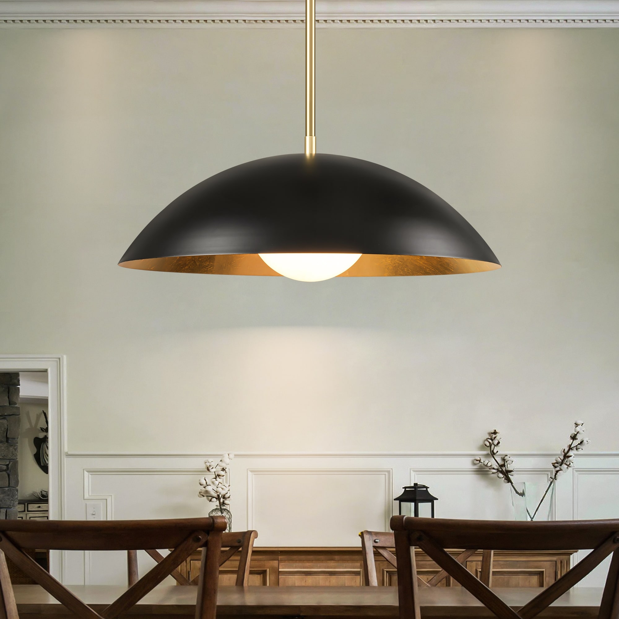 Rennnsan 1-Light Modern Black/Gold Leaf Oversized Dome Glass Globe Pendant Light for Kitchen Island