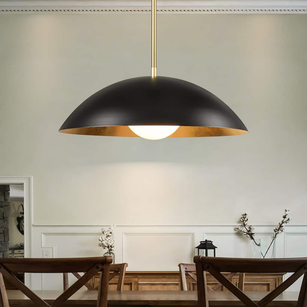 1-Light Modern Black/Gold Leaf Oversized Dome Glass Globe Pendant Light for Kitchen Island
