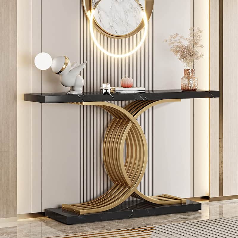 39" White Faux Marble Console Sofa Table, Modern Entryway Foyer Table - Black