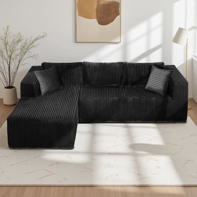 105" L-Shaped Sofa, Black, Foam, 6 Pillows, Vacuum-Packed, Space-Saving (Right Chaise)