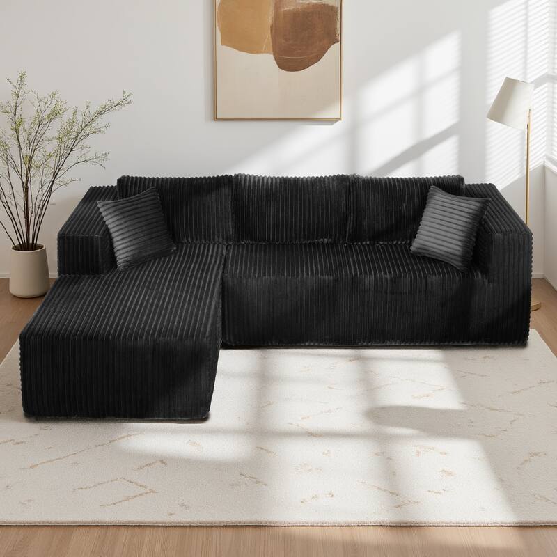 Anmytek 105 Inch Comfortable L-Shaped Modular Sofa - Plush Upholstery All-Foam No Springs Vacuum-Packed - Black - Right Facing