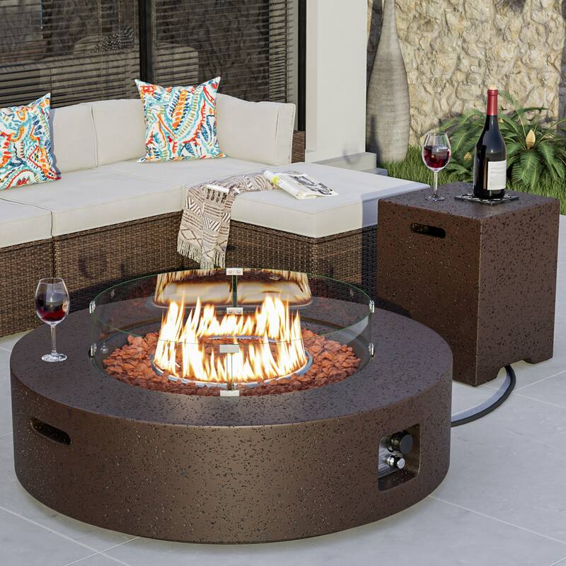 COSIEST 41''Round Outdoor Patio Fire Pit Table with Wind Guard,Tank - Brown