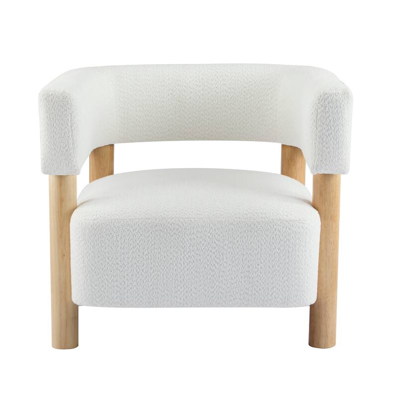 Roomfitters Boucle Upholstered Accent Arm Chair, Modern Lounge Barrel Seat, White+Natural