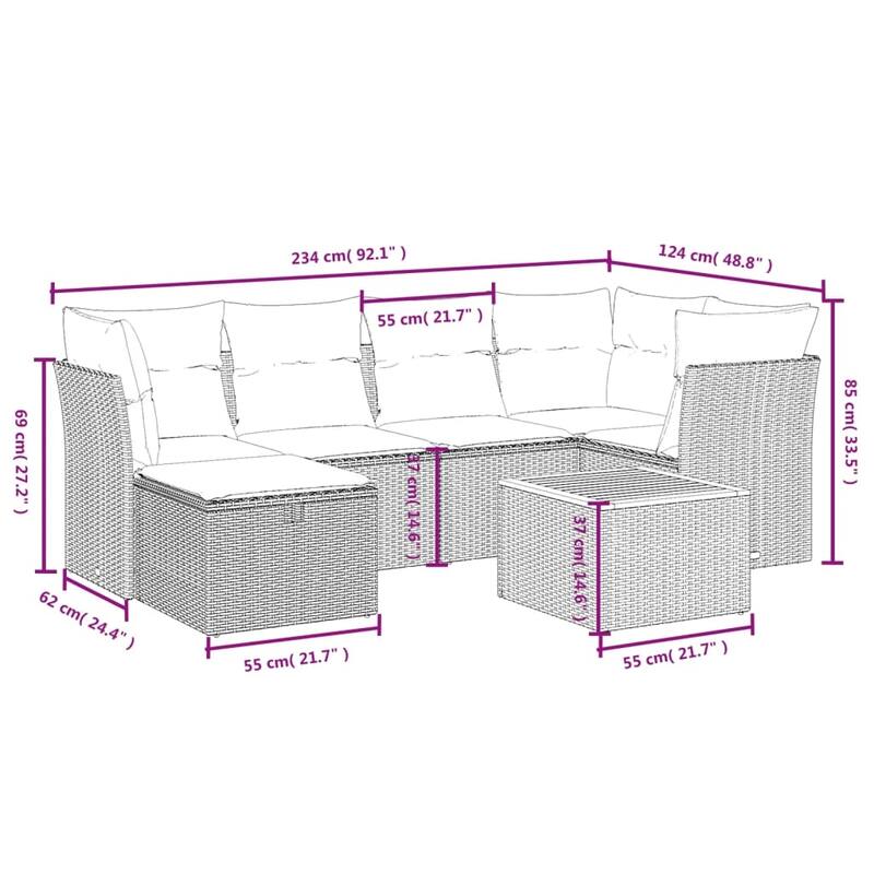 vidaXL Patio Sofa Set with Cushions Outdoor Furniture 7 Piece Poly Rattan