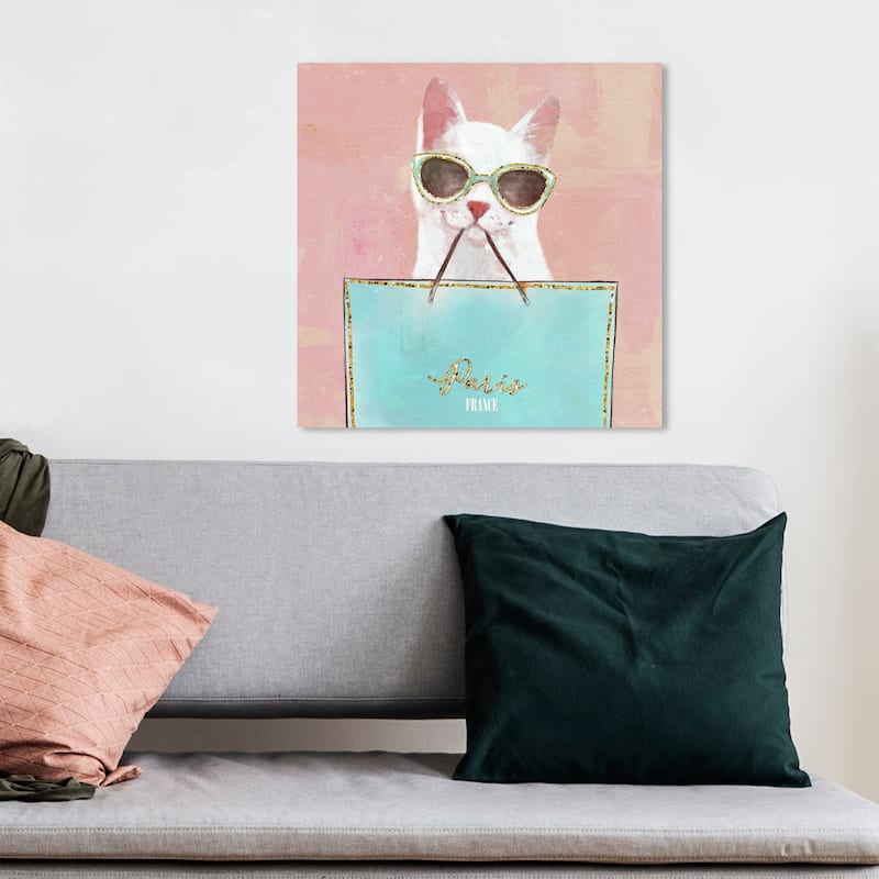 Wynwood Studio 'Shopping Cat' Fashion and Glam Wall Art Canvas Print Accessories - Blue, Gold - 12 x 12