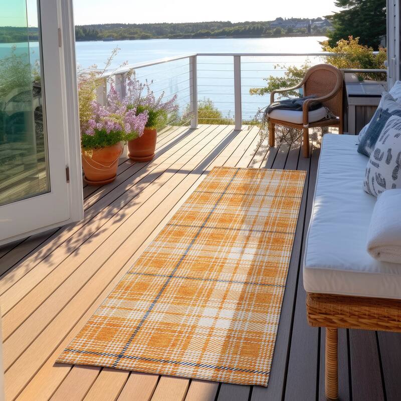 Machine Washable Indoor/ Outdoor Plaid Chantille Rug