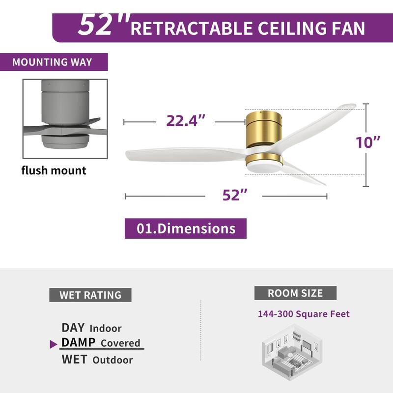 52 Inch Ceiling Fan with Light And Remote, 3 Wood Fan Blade