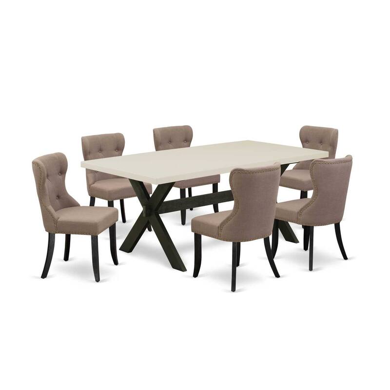 Southwestern Style Dining Set - 7 Piece Mid Century Table & Chairs - Linen Fabric Upholstered Kitchen Dining Room Set
