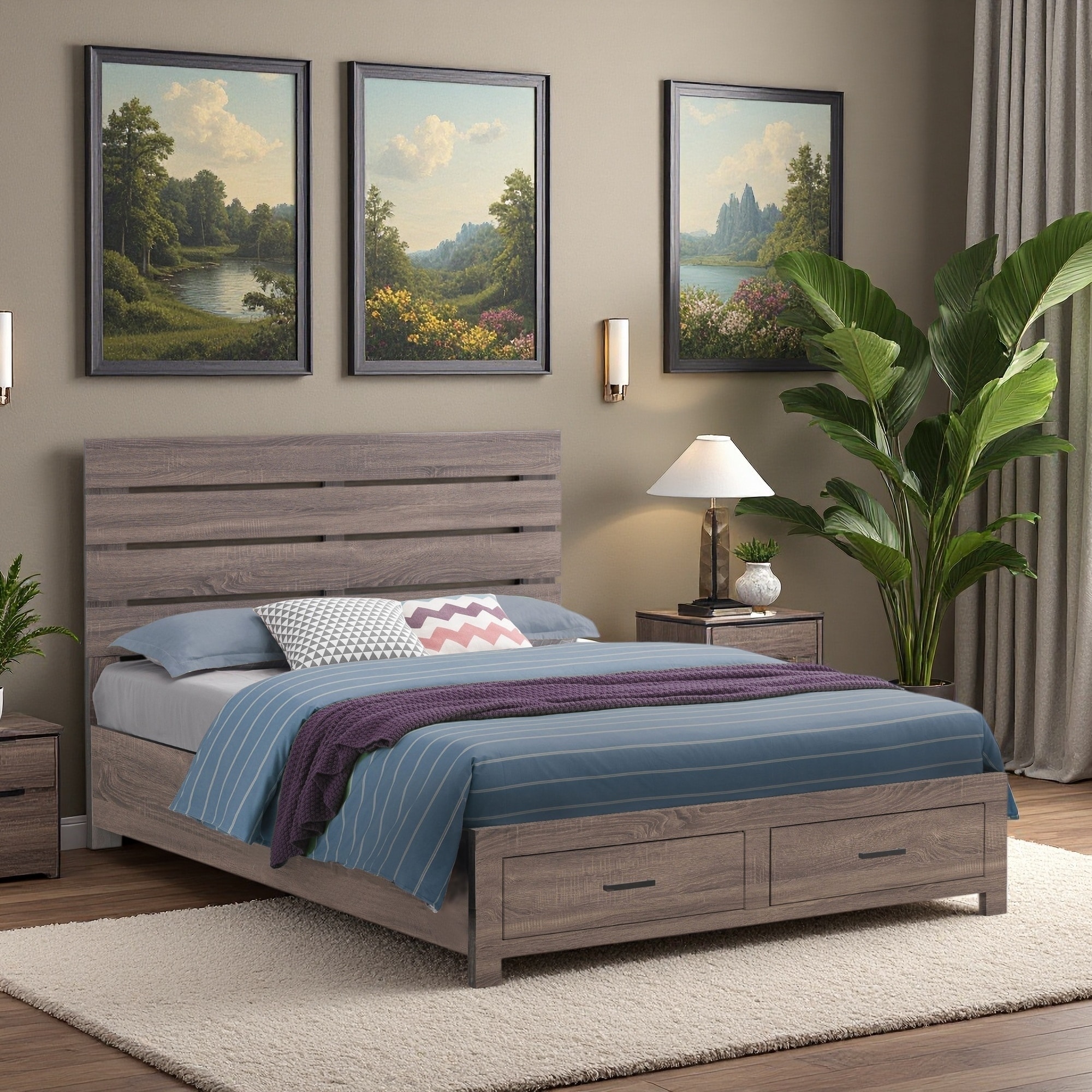 Wood Storage Panel Bed with Slatted Headboard and 2 Footboard Drawers