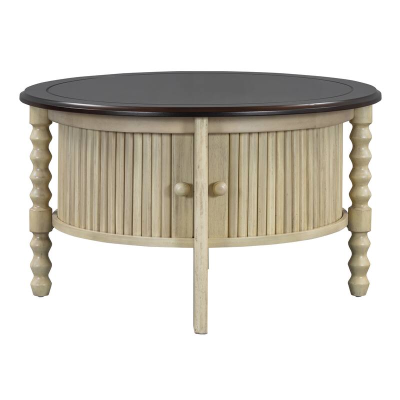 Round Coffee Table End Table with Storage, Vintage Cocktail Table Beige Espresso Center Table with Sliding Door