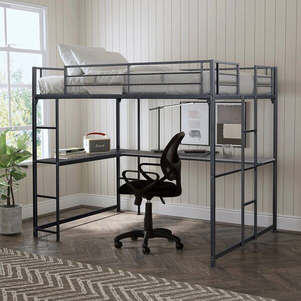 slide 2 of 10, Metal Full Loft Bed with L-shaped Desk Workstation Black