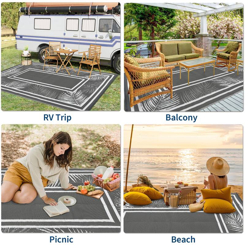 Outdoor Rug Waterproof Plastic Straw Rug Portable Camping Rug Leaves Pattern Outdoor Carpet for RV Porch Deck Camper