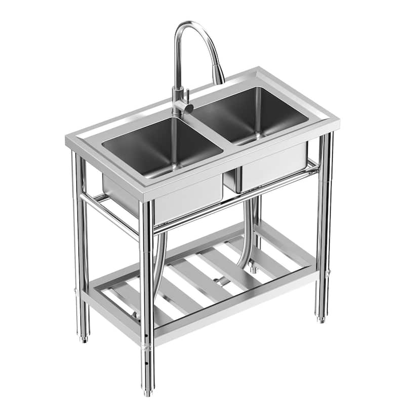 Commercial Kitchen Free Standing Double Bowls Utility Sink - 43 x 25 x 35inch with Faucet