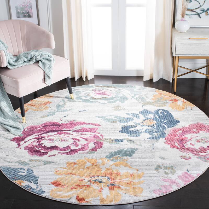 SAFAVIEH Porcello Christie Modern Abstract Rug - 6'7" Round - Grey/Yellow