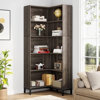 70.9 Ines Corner Bookcase, 6-Tiers L-Shaped Bookshelf Wood Display