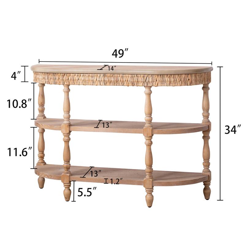 49" Wood Console Table with Hand-Woven Trim, 3-Tier Storage Shelves, with Carved Legs, Rustic Coastal Farmhouse Accent Table