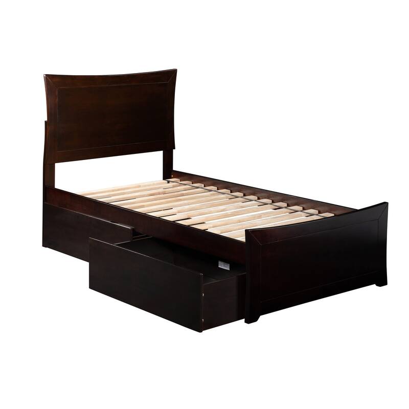 Full Platform Bed with Storage Drawers - Neo-Classical Design, Walnut Finish, Modern Bed Frame