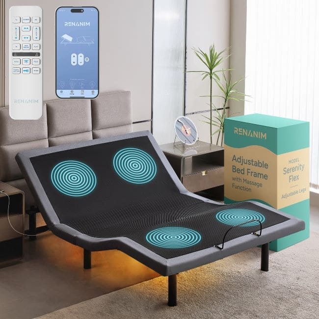 Renanim Adjustable Bed Base with Dual Massage - USB, Under Bed Light, Zero Gravity, App Control, Head and Foot Incline - Queen