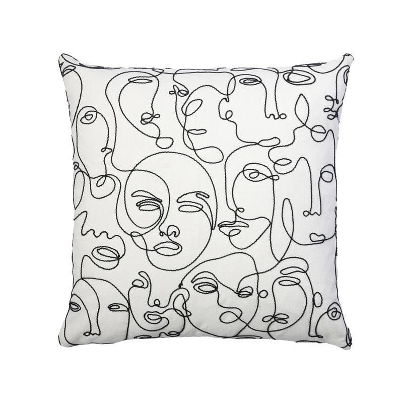 Austin Horn Classics Faces Embroidered Decorative Pillow 22"x22", Knife Edge with Zipper - White/Black - Feather Down
