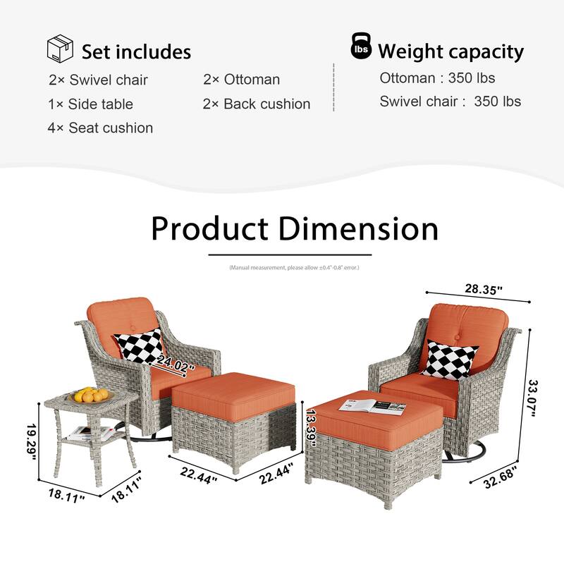 HOOOWOOO 5-piece Rattan Outdoor Furniture Patio Swivel Chair Chat Set with Ottoman
